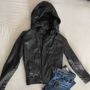 Black 100% leather jacket with a hoodie